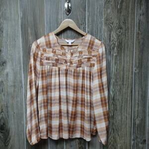 Lauren Conrad Shirt Womens Medium Plaid Cottage Country Fall Ruching Orange